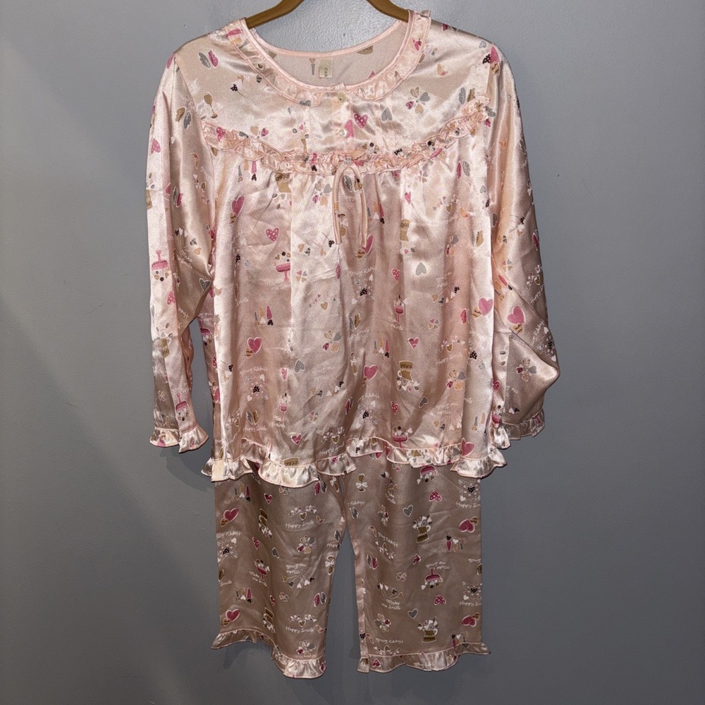 CARINA Womens Pink Heart 2pc Top & Bottom Pajama Set Ruffle Satin Valentines SzM
